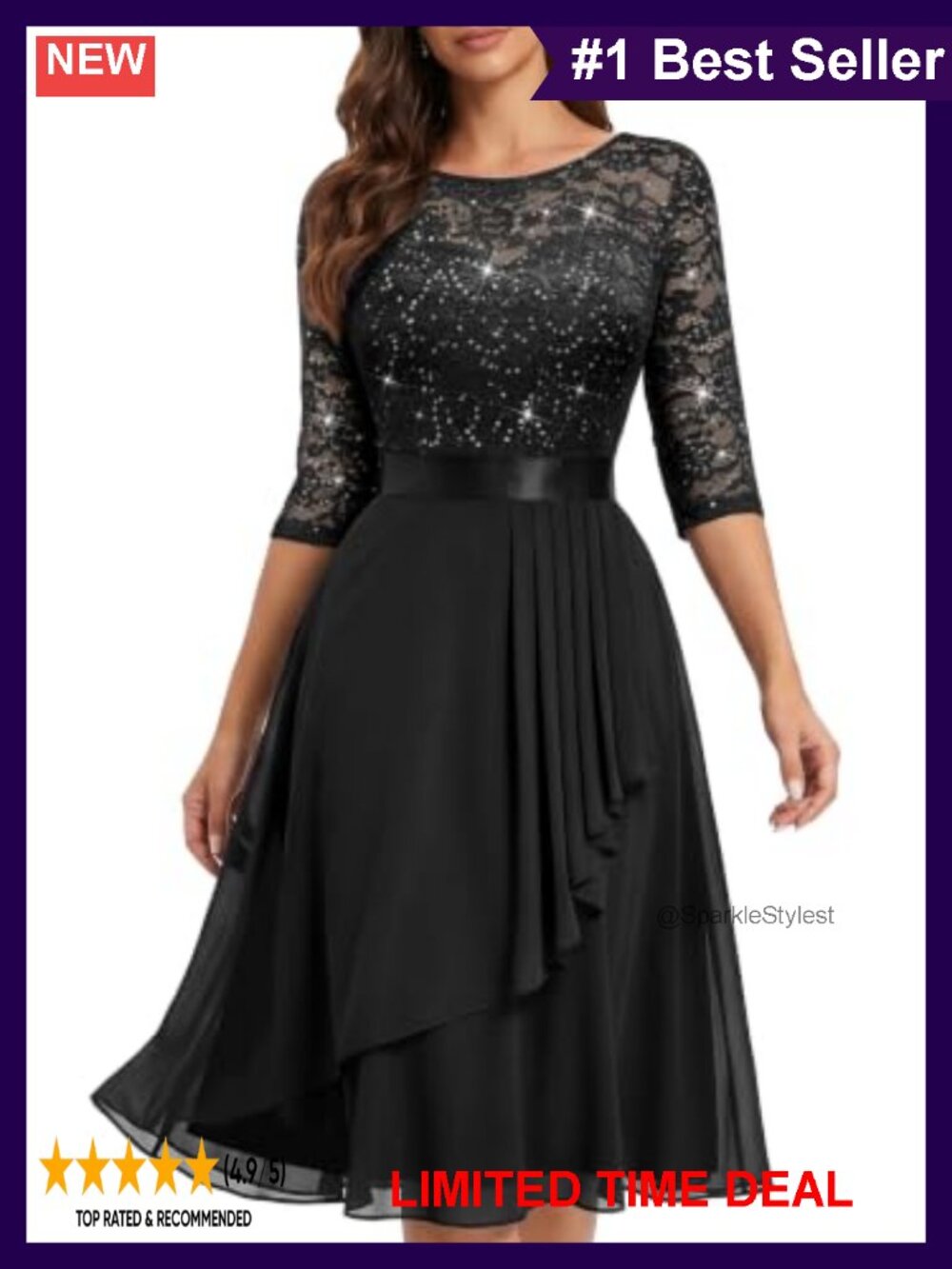 Pleated Sequin Lace Half Sleeve Scoop Neck A-Line Cocktail Dress